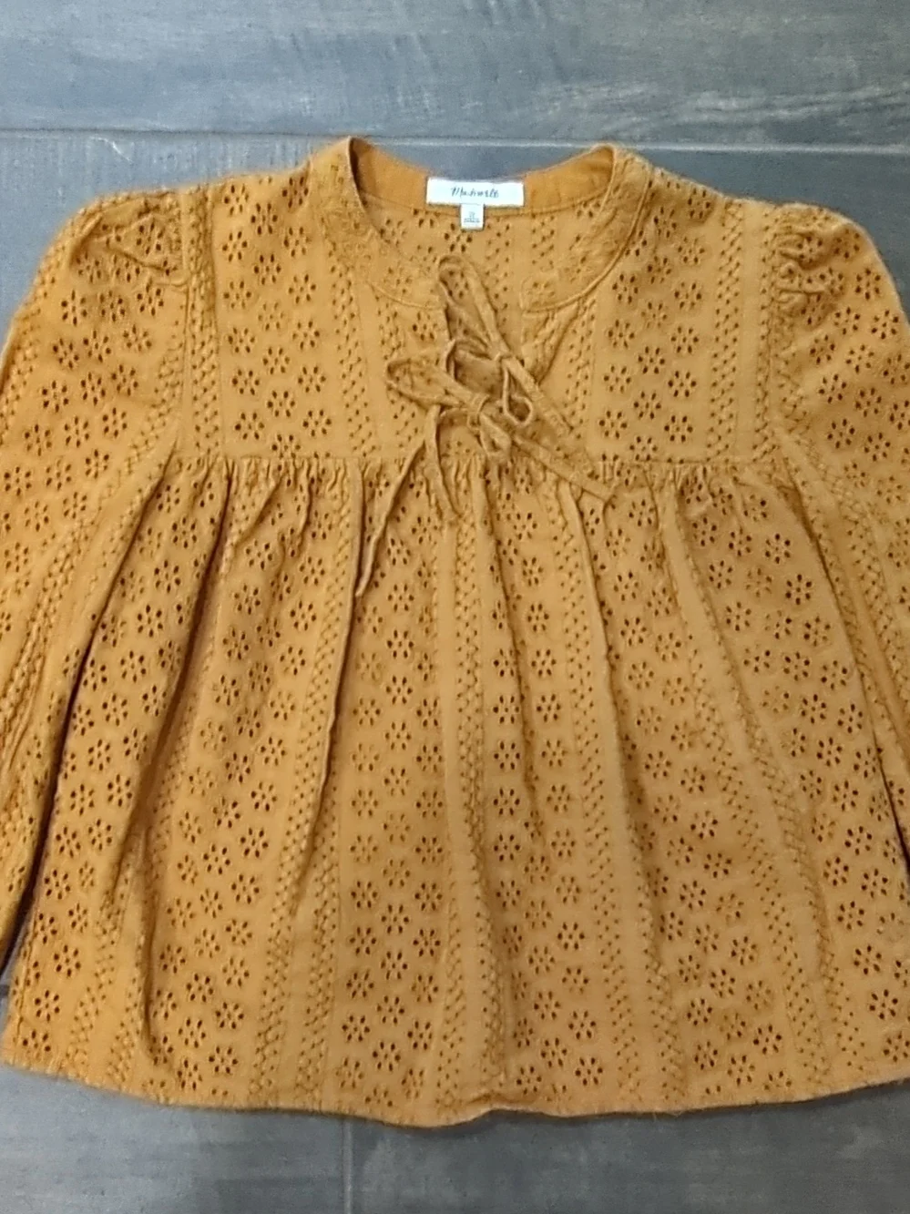 Madewell Bohemian Mustard Eyelet Tie-Neck Peasant Blouse